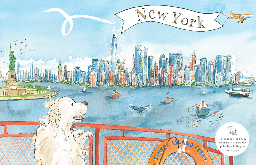 illustration of dog looking at new york city