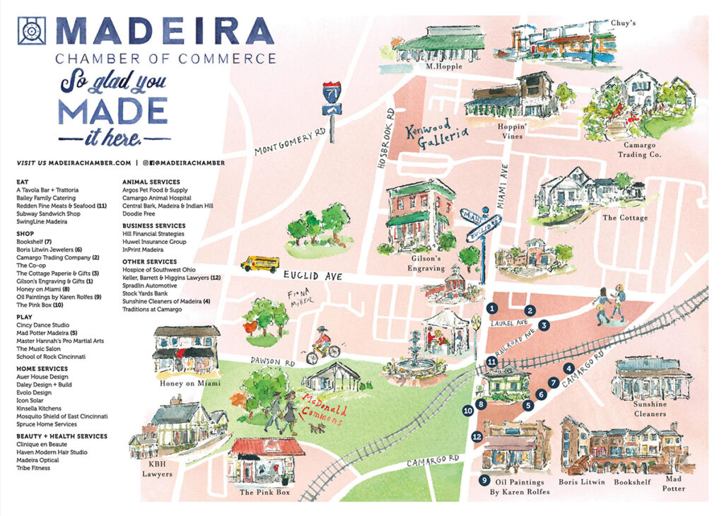 friendly and colorful map illustration for local businesses to introduce customers to their location and services in Cincinnati Ohio