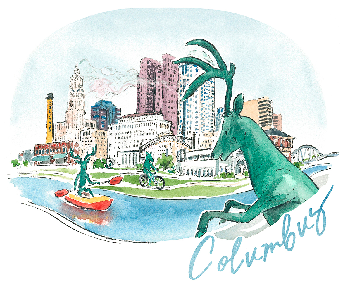 fiona miller illustration of deer statue overlooking bridge to the columbus skyline